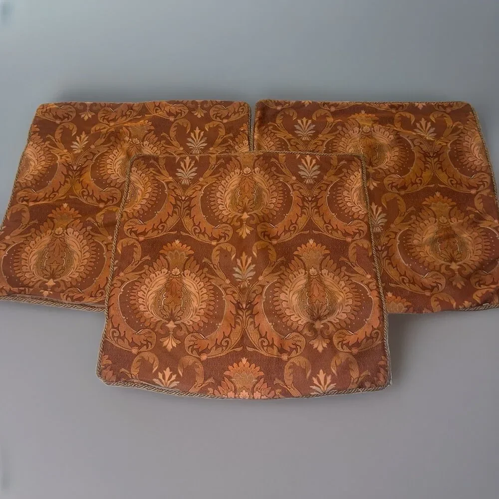 ANICHINI Brocade Textured Pillow Covers 25X25 Burnt Orange Spice Set of 3 Fall